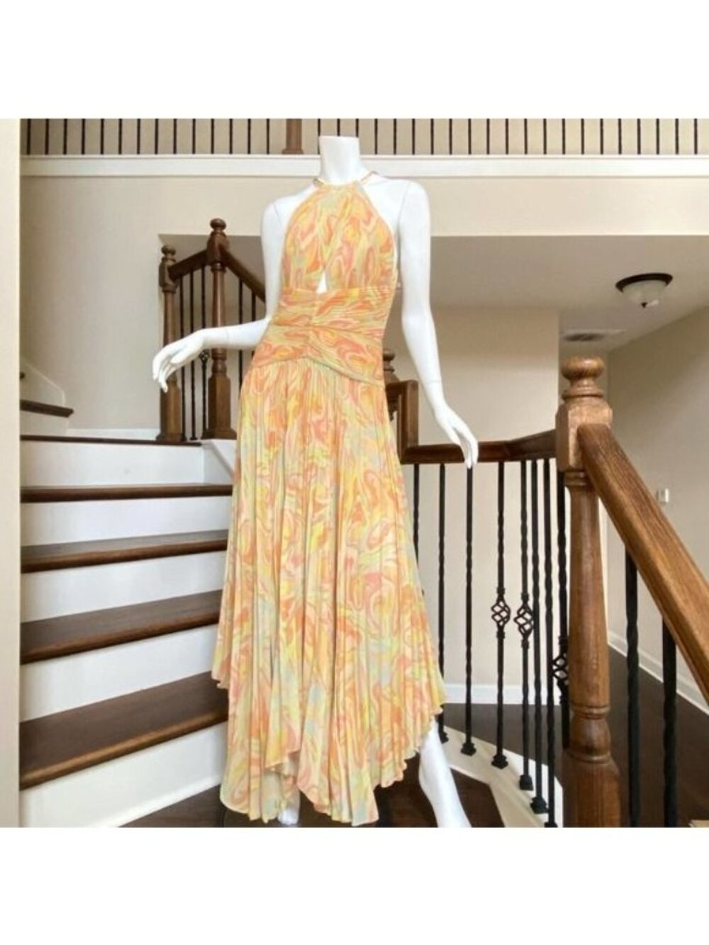 NWT AIIFOS Grace Pleated Halter Chiffon Gown in Peach and Yellow size 6 - Picture 8 of 12